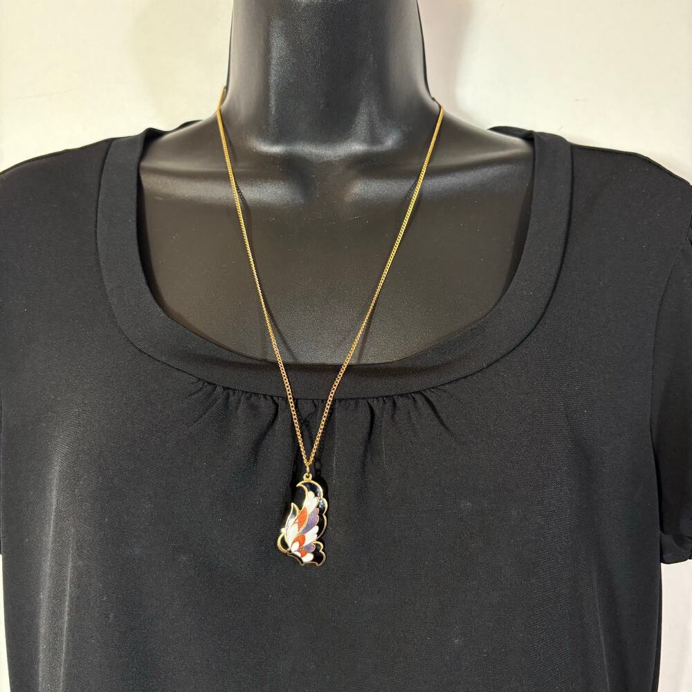 Gold Tone Butterfly Pendant Necklace Enamel Statement Vintage Retro 80s 24"